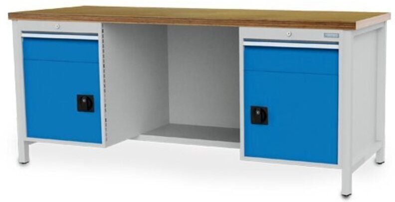 Kastenwerkbank Breite 2000 mm, R18-24, 2 x Schublade, 2 x Flügeltüre, 1 x Stahlfachboden halbe Tiefe, Rückwand Maße in m...