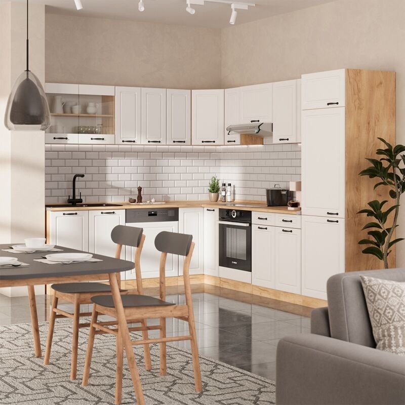 Vicco - Eckküche R-Line, Weiß Landhaus/Goldkraft Eiche, 227 x 287 cm , ap Eiche