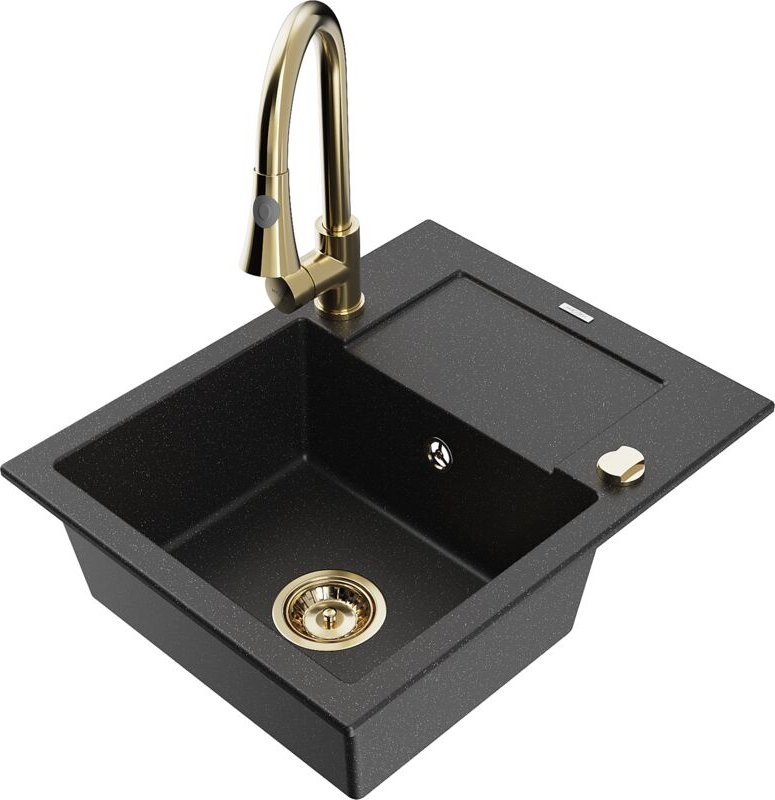 Enzo 1 Becken-Granitspüle mit Abtropffläche und Mischbatterie Elia, Schwarz/Silbermetallic - 6 - Mexen