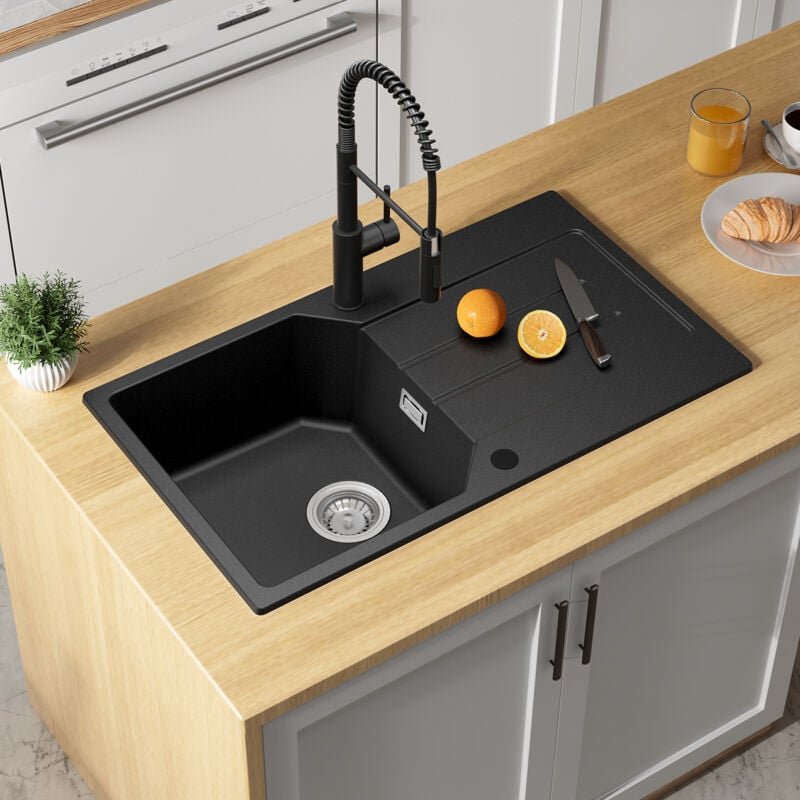 Thumbnail - Anycee Max 78 x 45 cm Einzelbecken Quarzspüle Granit Küchenspüle – Granitspüle mit Abtropffläche