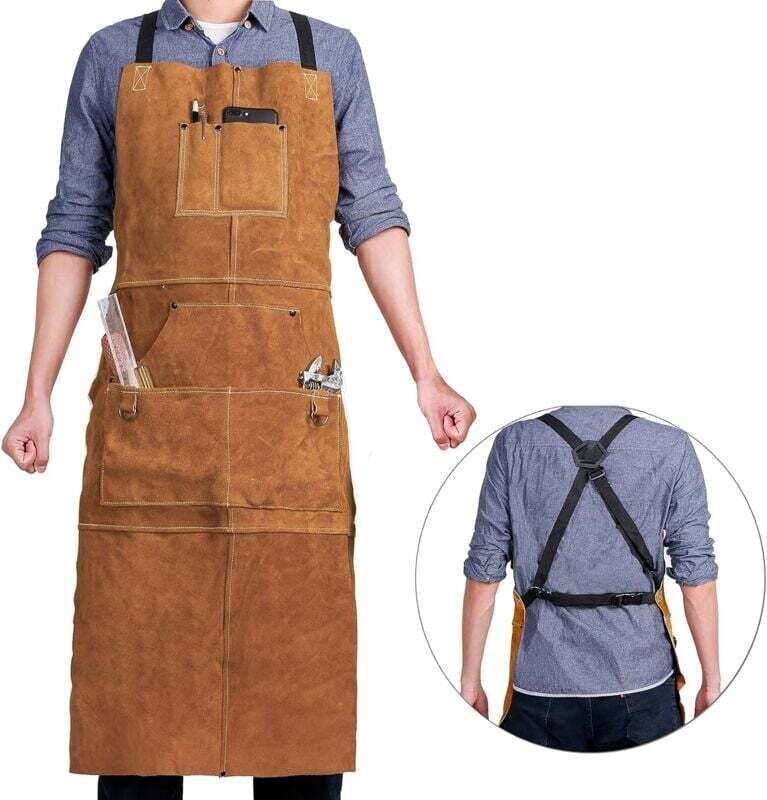 Schweißer-Arbeitsschürze aus Leder mit 6 Werkzeugtaschen, hitze- und flammbeständig, 61 x 106 cm, verstellbar von m bis ...