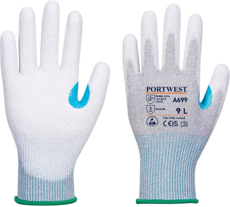 Thumbnail - Pack mit 12 Paar Handschuhen mit beschichteter PU-PA-Palme ESD Grau/Weiß/Blau M - Größe 8