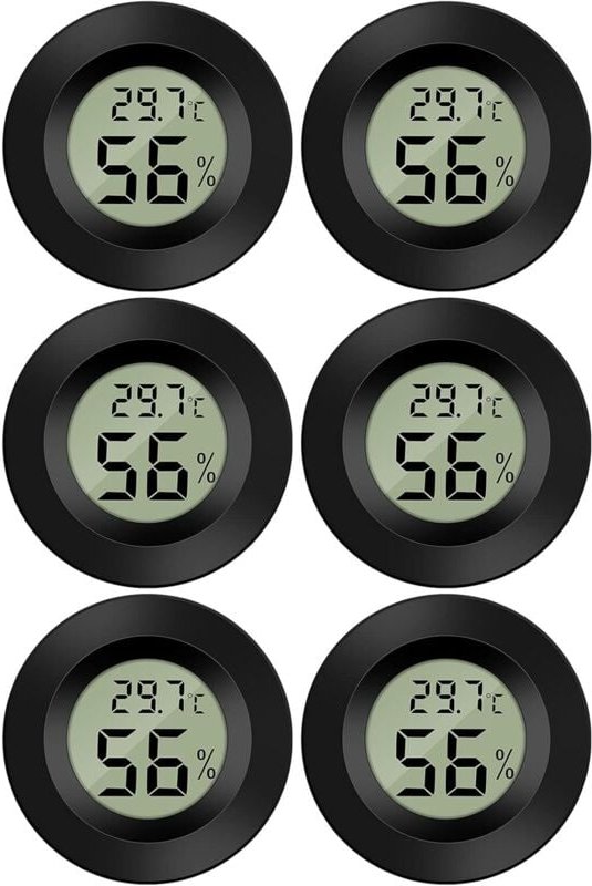 Mini-Thermometer, Temperatur- und Feuchtigkeitsanzeige, -50–70 °C, 10–99 % relative Luftfeuchtigkeit, 6 Stück