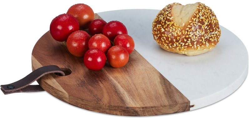 Relaxdays - Schneidebrett rund, Marmor & Holz, Küchenbrett, h x d: 1,5 x 25 cm, Frühstücksbrett, zum Aufhängen, natur/we...