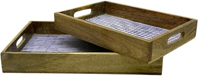 Gestreifte Küchentabletts aus Holz, 2er-Set, nautisches Design, ideal für Heimdekoration und Organisation