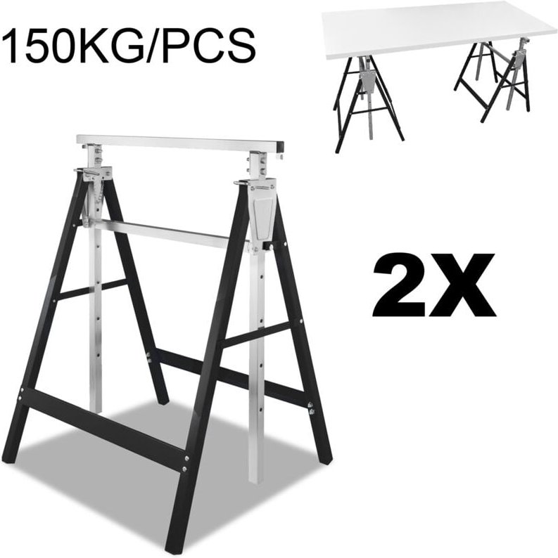SWANEW 2x Tréteaux réglable en hauteur, 80-130cm, métal tréteaux, Capacité de charge jusqu'à 200 kg, Noir