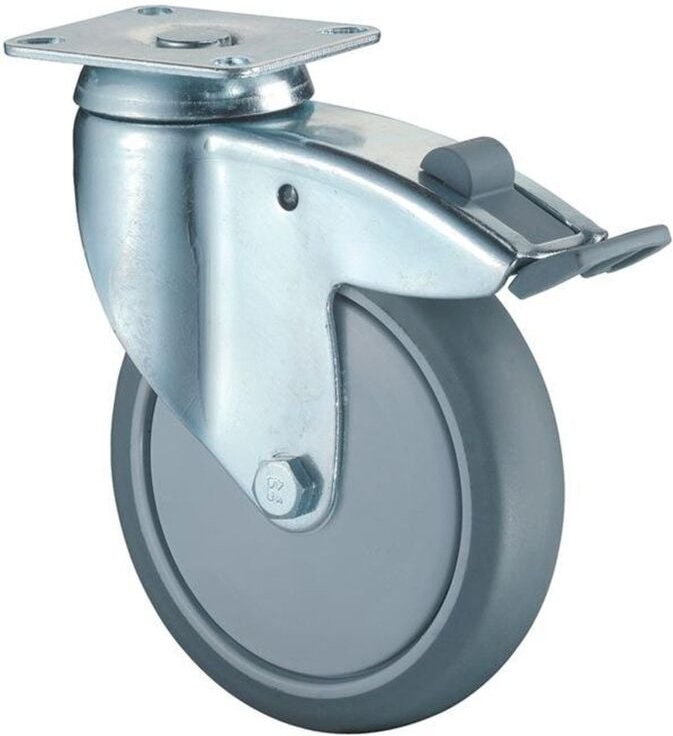 Lenkrolle m.Festst.D.100mm Trgf.80kg m.Platte Kugell.Gum.grau Bs Rollen