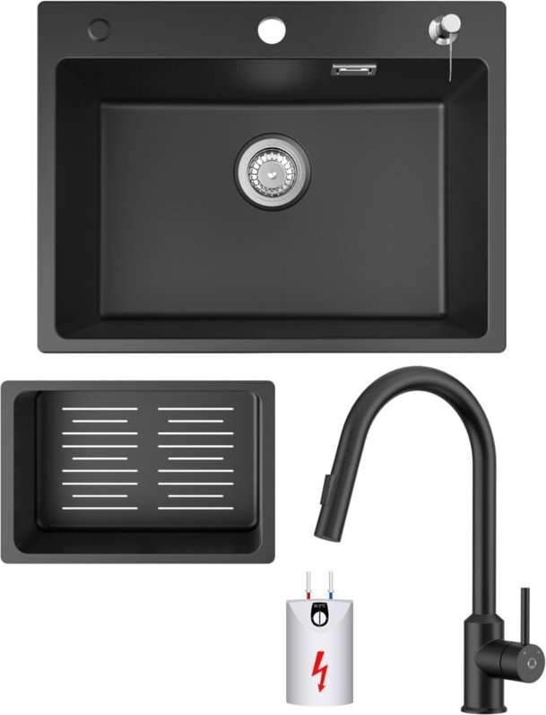Cecipa Max - Küchenspüle 60x45cm Granitspüle Anthrazitschwarz Mit Seifenspender + Ausziehbarer Niederdruck-Küchenarmatur...
