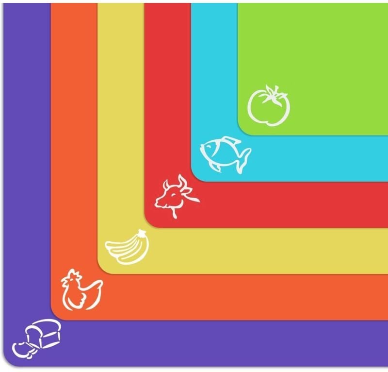 Tigrezy - Extra dicke, flexible Schneidebrettmatten aus Kunststoff mit Lebensmittelsymbolen und Waffelrücken, (6er-Set),...