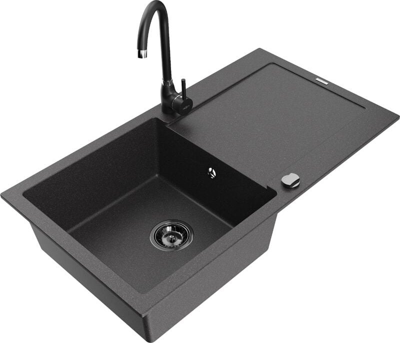 Leo 1 Becken-Granitspüle mit Abtropffläche und Mischbatterie Telma, Schwarz gesprenkelt - 6501 - Mexen