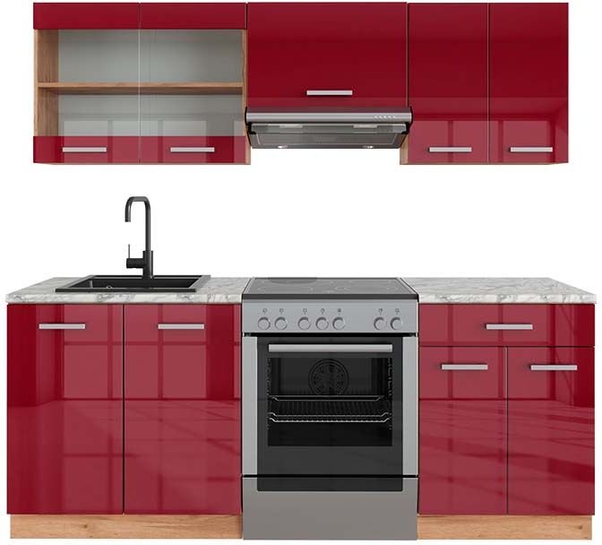 Thumbnail - Küchenzeile R-Line, Bordeaux Hochglanz/Goldkraft Eiche, 200 cm , AP Marmor, Vicco