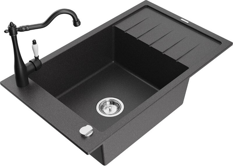 Elias 1 Becken-Granitspüle mit Abtropffl√§che und Mischbatterie Carla, Schwarz gesprenkelt - 6511-76-670700-70 - Mexen