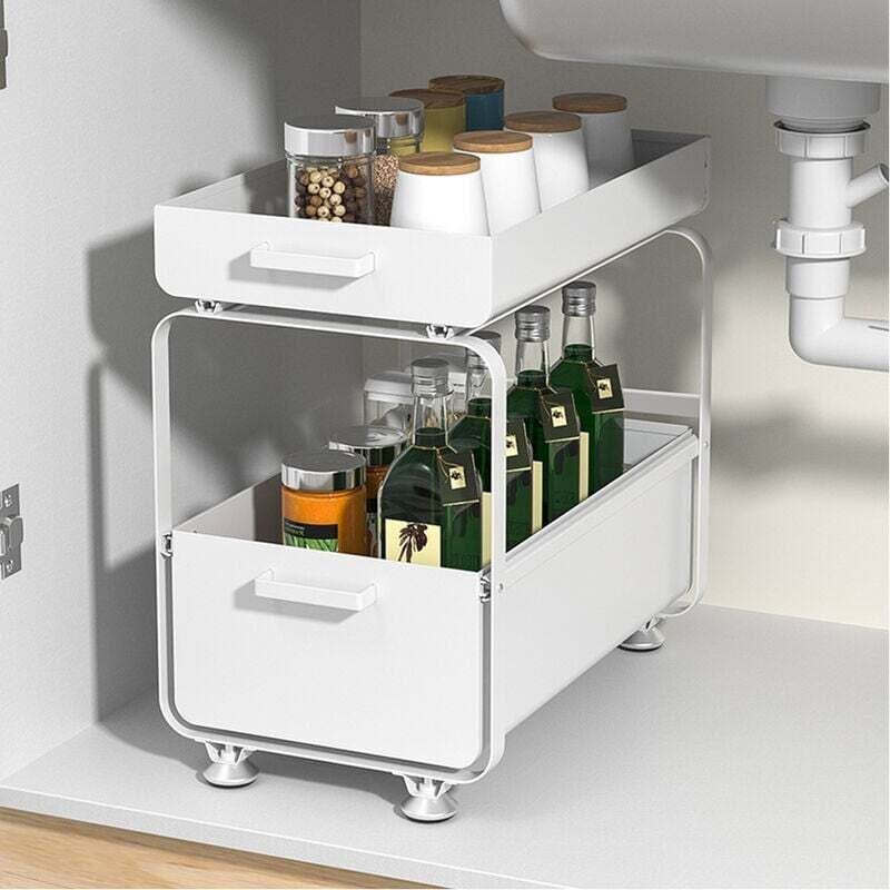 Etagere de Rangement sous Evier Rack avec tiroir coulissant pour Cuisine et Salle de Bain - 2 Niveaux- Acier Inx. noir 4...