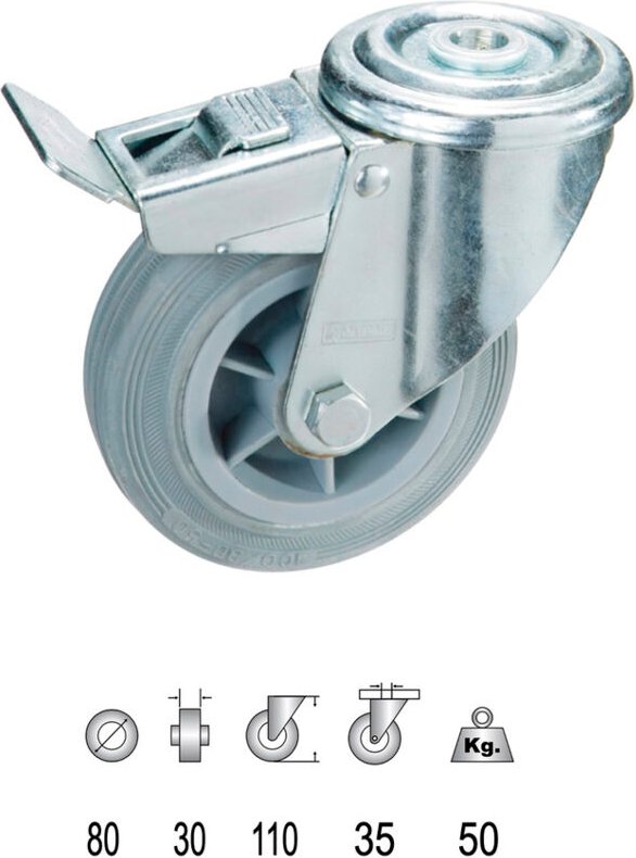 Rueda Industrial Goma Gris Pasante con freno 80mm