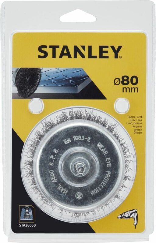 Topfbürste ø 85 mm. 6mm Schaft. Dicker Faden. Zur Verwendung auf Metall. STANLEY STA36050-XJ