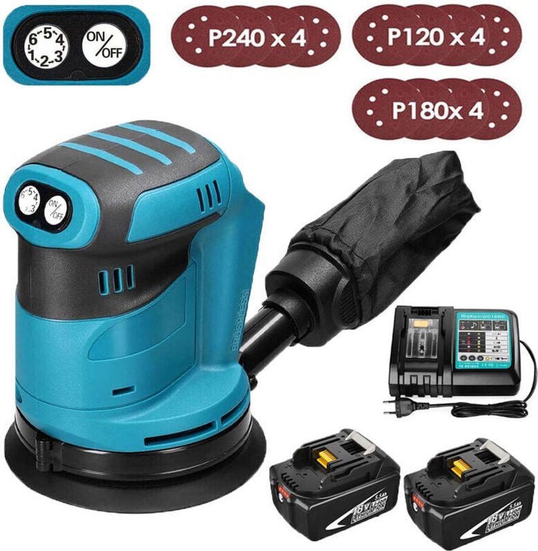 Mawiron - Exzenterschleifer, 125 mm kabelloser bürstenloser 18-V-Exzenterschleifer, mit 12 Schleifpapieren und Staubbeut...