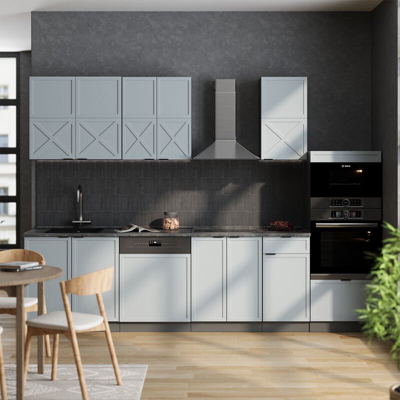 Küchenzeile Fame-Line, Hellblau-grau/Anthrazit, 300 cm mit Hochschrank, AP Anthrazit, Vicco