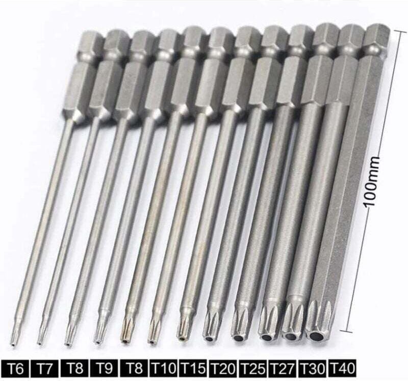 11er Set Lange Torx-Bits für Schraubendreher und Akkuschrauber - Magnetische Bits - 1/4 Zoll Sechskantschaft - Größen T6...