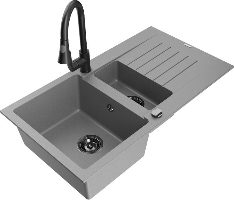 Matias 1,5-Becken-Granitspüle mit Abtropffl√§che und Mischbatterie Elia, Grau - 6502-71-670101-70-B - Mexen