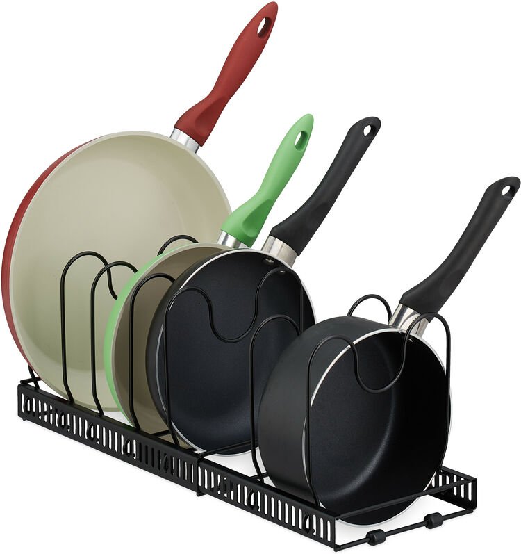 Pfannenhalter ausziehbar, Pfannenorganizer, Topfdeckelhalter Schublade, HxBxT: 19x59x18cm, Metall, schwarz - Relaxdays