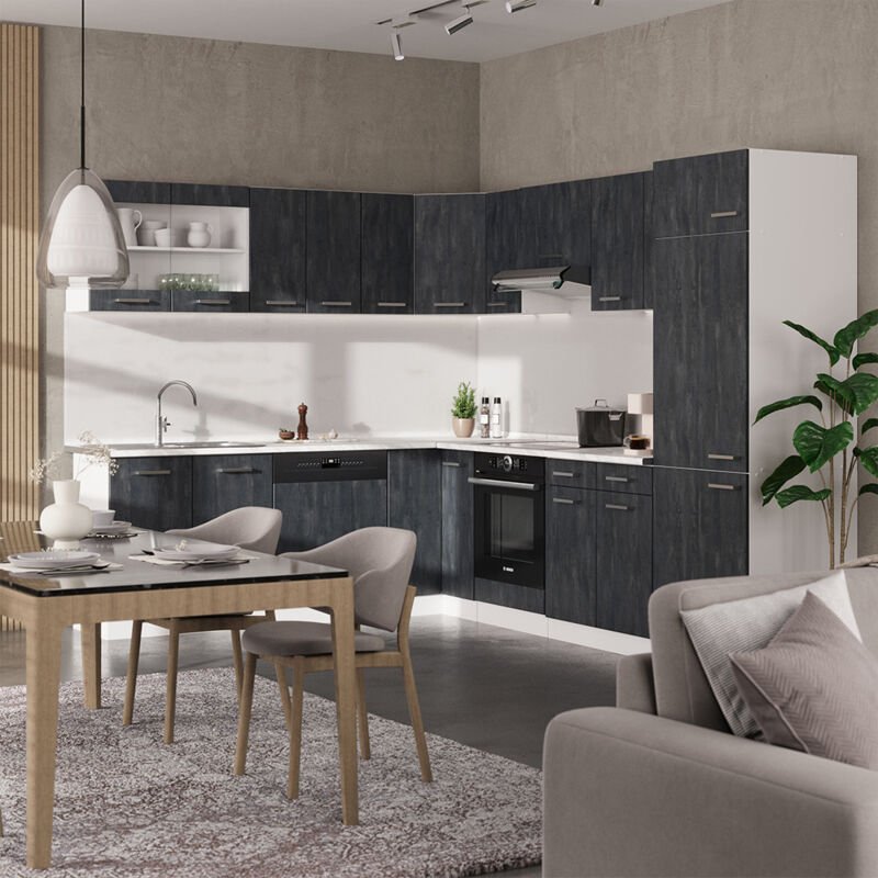 Thumbnail - Vicco - Einbauküche in L-Form R-Line, Schwarz Beton/Weiß, 227 x 287 cm ap Marmor