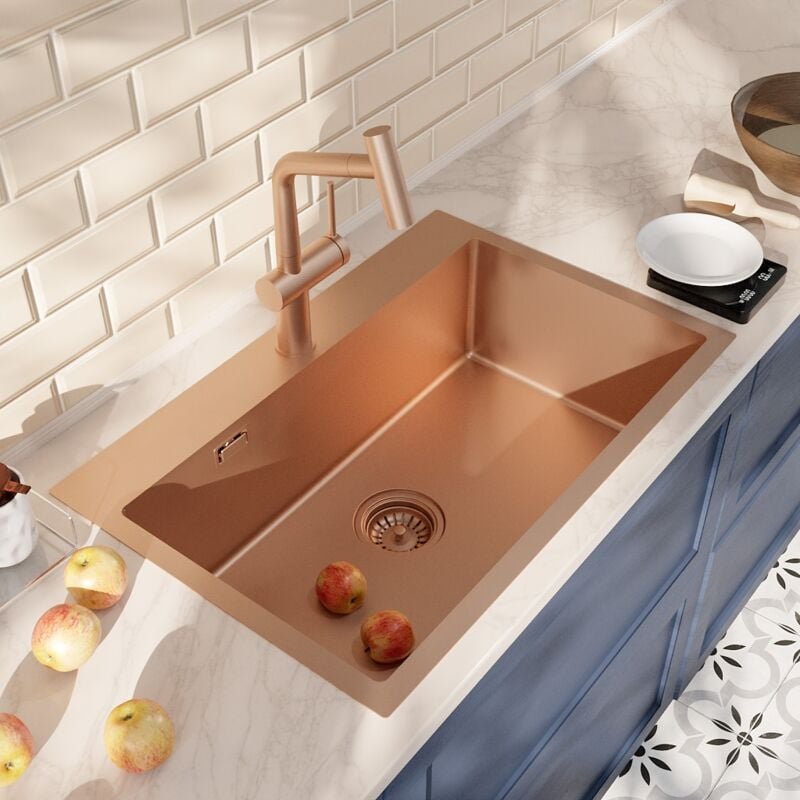 Ceramia Einbauspüle 55x45 cm + Armatur mit Brause, Edelstahl, Kupfer gebürstet