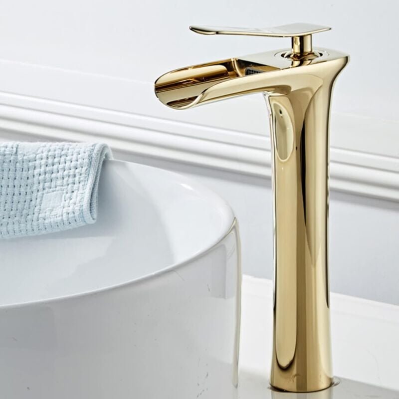 Thumbnail - Goldener Wasserfall-Waschbeckenhahn aus massivem Messing, Warm- und Kaltwasser-Waschbeckenmischbatterie, Einhebelmischer...