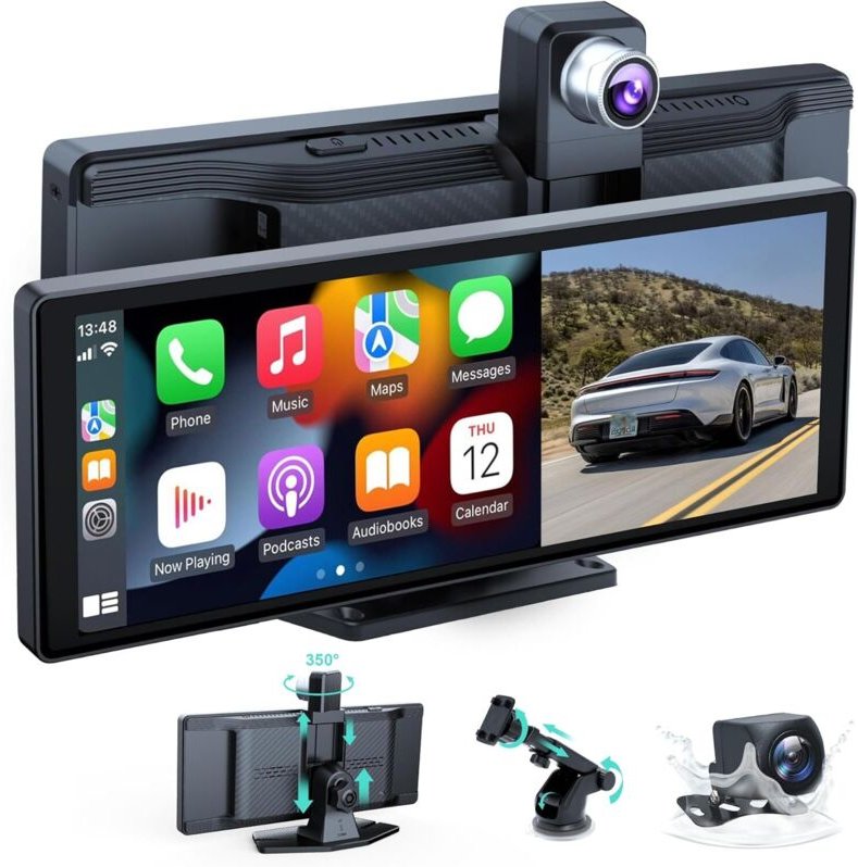 Kabelloses Autoradio, 10,26 Zoll tragbares Auto-Audio, Carplay-Bildschirm mit Dual 4K Front + Rear 1080P Dashcam, kabell...