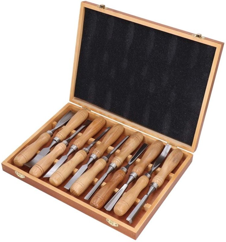 SUNXURY 12-teiliges Holzschnitzwerkzeug-Set, CRV-Klinge, Holzgriff, Graviermeißel-Set für Heimwerkerarbeiten