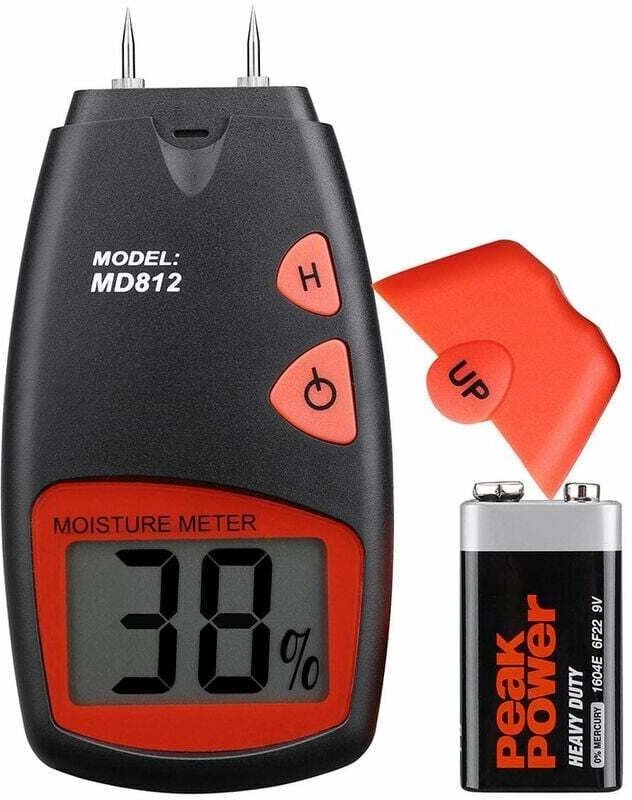 Tragbares Holzfeuchtemessgerät mit digitalem HD-LCD-Display, Messbereich 5 % – 40 %, Genauigkeit +/- 1 %.