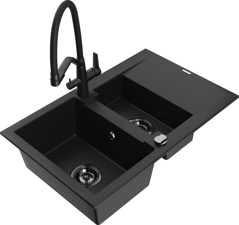 Mexen Gaspar 1,5-Becken-Granitspüle mit Abtropffläche und Mischbatterie Duo, Schwarz - 6507-77-67170