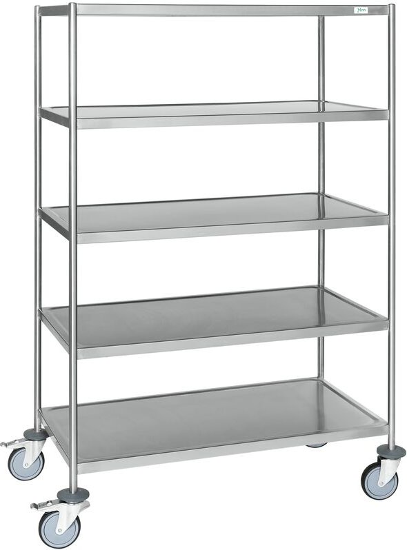 Kongamek Edelstahl- Etagenwagen vollständig geschweißt, 5 Ladeflächen 1050x550mm Gummibereifung mit Bremse