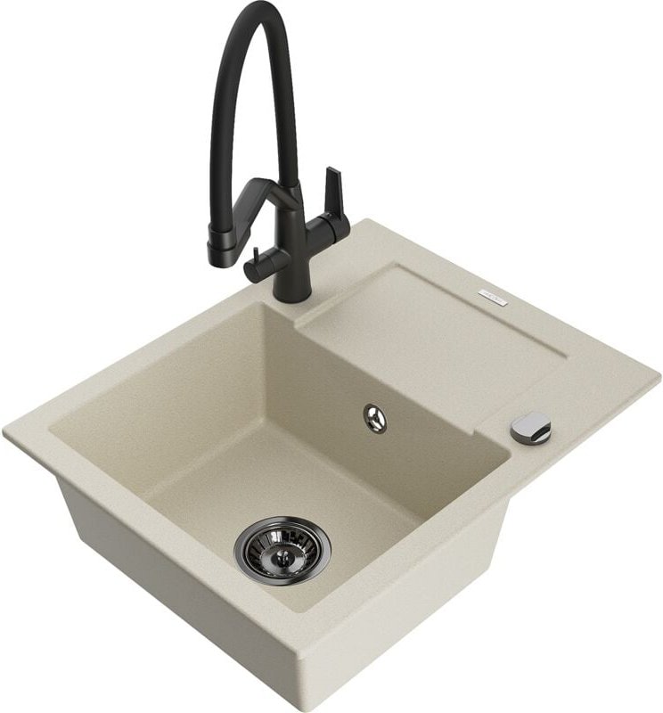 Enzo 1 Becken-Granitspüle mit Abtropffläche und Mischbatterie Duo, Beige - 6506-69-671701-70-B - Mexen