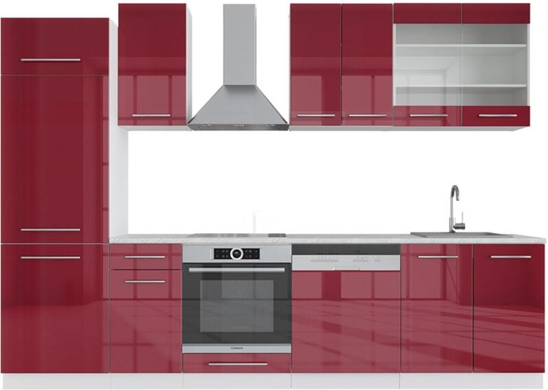 Küchenzeile Fame-Line, Bordeaux Hochglanz/Weiß, 300 cm , AP Marmor, Vicco