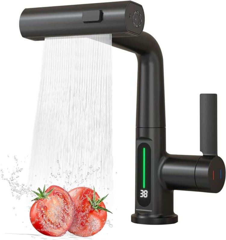 Thumbnail - Longziming - Küchenarmatur mit 60 cm ausziehbarer Brause, Küchenarmatur mit LED-Anzeige, Küchenarmatur mit 3 Sprühmuster...