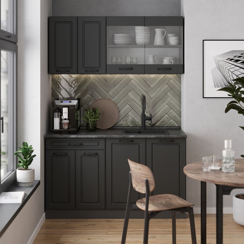 Vicco - Singleküche R-Line, Anthrazit Landhaus/Anthrazit, 140 cm , ap Marmor