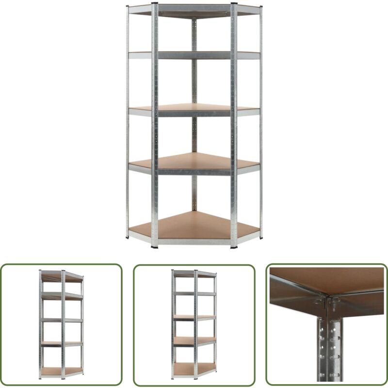 Eckregal mit 5 Böden Silbern Stahl & Holzwerkstoff - Eckregal - Industrielles Regal - Metallregal - Lagerschrank - Werkz...