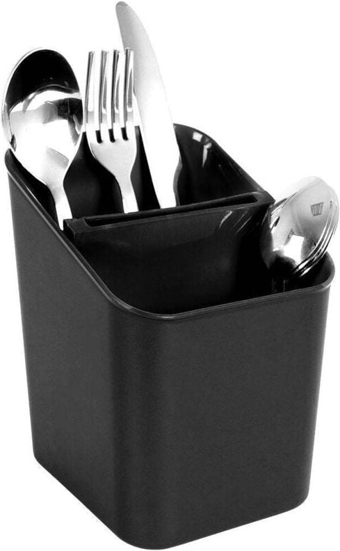 Black plastic container with two compartments for cutlery storage