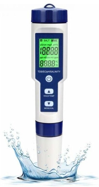 Elektronischer pH-Tester, 5-in-1-Pool-Wasserqualitätstester mit Hintergrundbeleuchtung, PH/TDS/EC/Salzgehalt/Temperatur ...