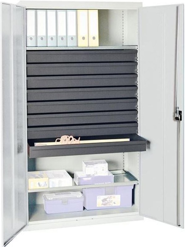 Werkzeug- und Materialschrank Serie 3000 lichtgrau + 8 Schublade 100 mm + 2 Auszugsböden durchgehend - 3008107 - Stumpf