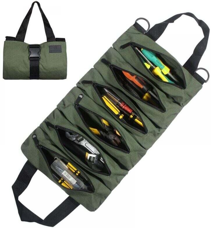 Verde) Borsa portautensili arrotolabile in tela, multifunzione, portatile, con 6 tasche con cerniera, adatta per uso quo...