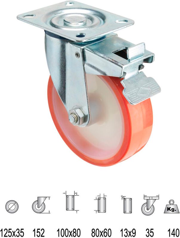 Industrielle Rolle aus Polyurethan mit Platte und Bremse 125 mm.