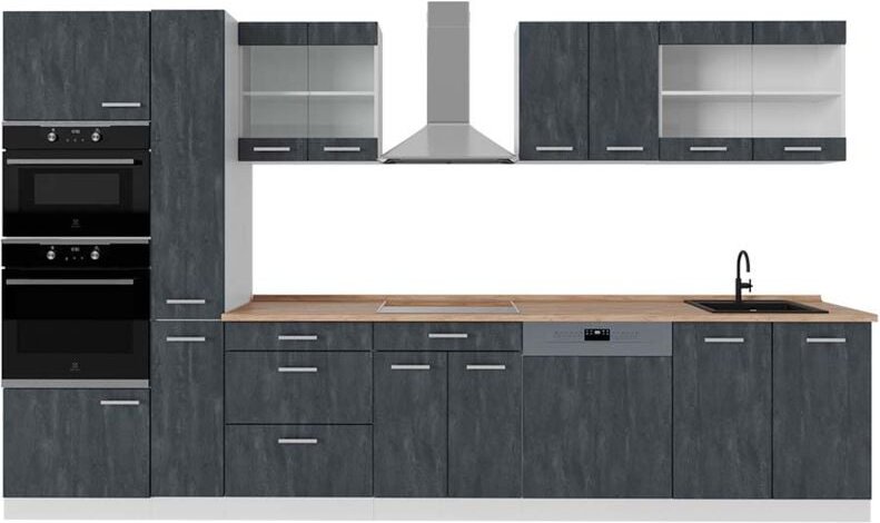 Thumbnail - Vicco - Komplettküche R-Line, Schwarz Beton/Weiß, 350 cm ap Eiche