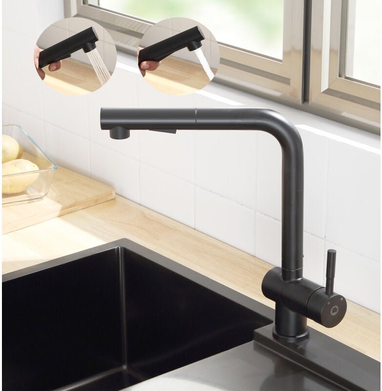 Hochdruck Schwarz Küchenarmatur Ausziehbar 360° drehbar Mischbatterie Küche mit 2 Auslauffunktionen Edelstahl Spültischa...
