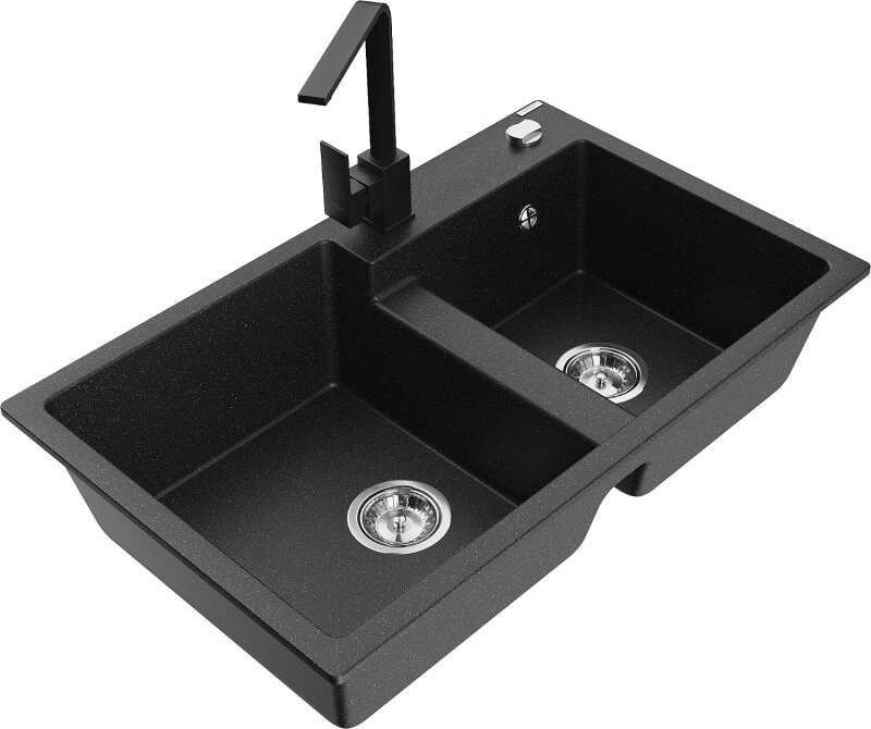 Tomas 2-Becken-Granitspüle mit Mischbatterie Rita, Schwarz/Silbermetallic - 6516-73-670300-70 - Mexen