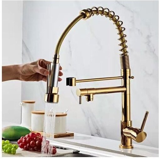 Küchenarmatur 360 ° Drehbar Spiralfeder 2 Strahlmodi Herausziehbarer Duschkopf, Roségold Gold