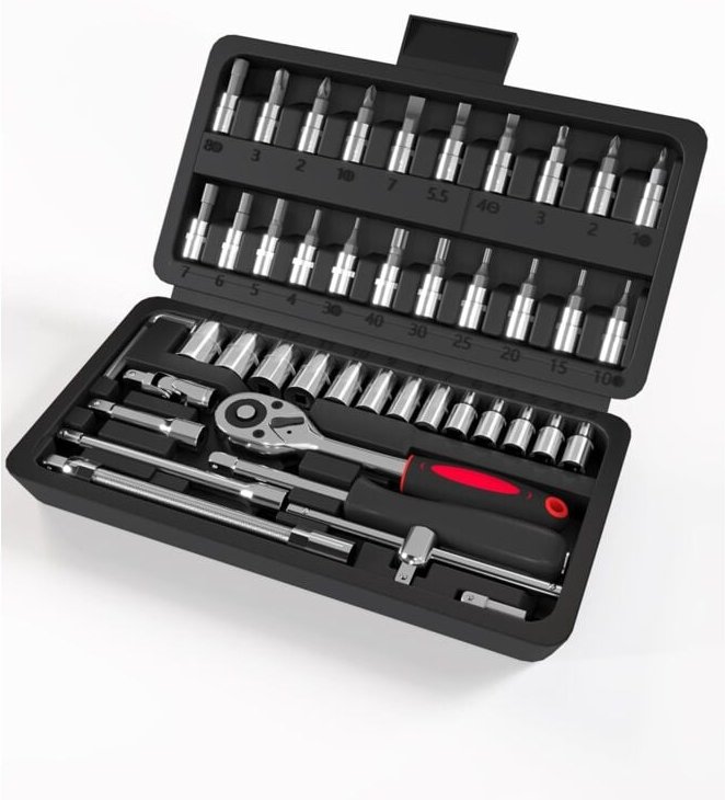 46-teiliger 1/4-Zoll-Ratschen-Steckschlüsselsatz, Chrom, Ratschenschlüssel- und Ratschensatz, geeignet für Fahrradarbeit...