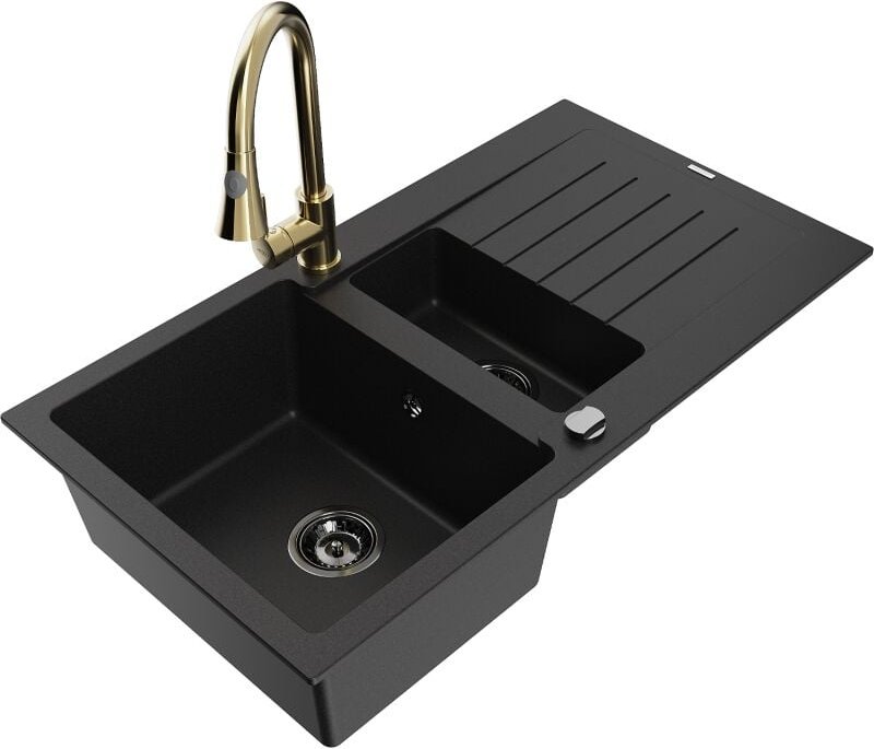 Matias 1,5-Becken-Granitspüle mit Abtropffl√§che und Mischbatterie Elia, Schwarz - 6502-77-670101-50-B - Mexen