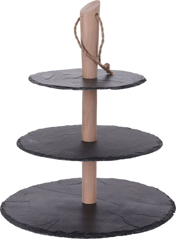Spetebo - Schiefer Etagere 36 cm - 3 Platten - Servierplatte mit Holzständer - Etagenständer 3-stöckig