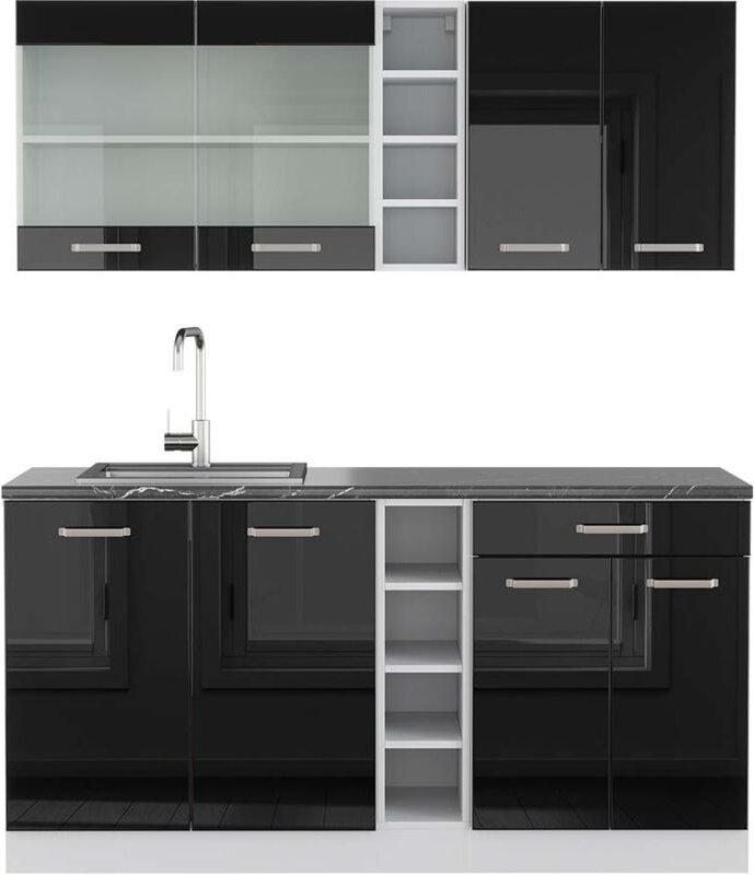 Vicco - Singleküche R-Line, Schwarz Hochglanz/Weiß, 160 cm , ap Anthrazit